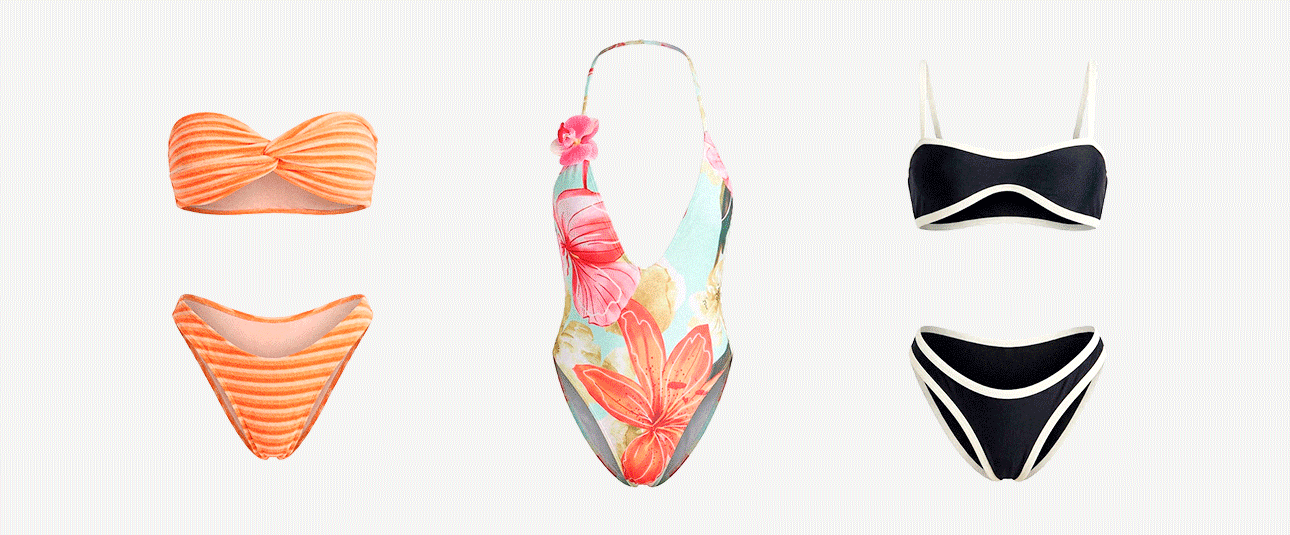 Collage of models in stylish black, olive green, and white bikinis and swimsuits across luxurious beach and pool settings, promoting new swimwear trends.