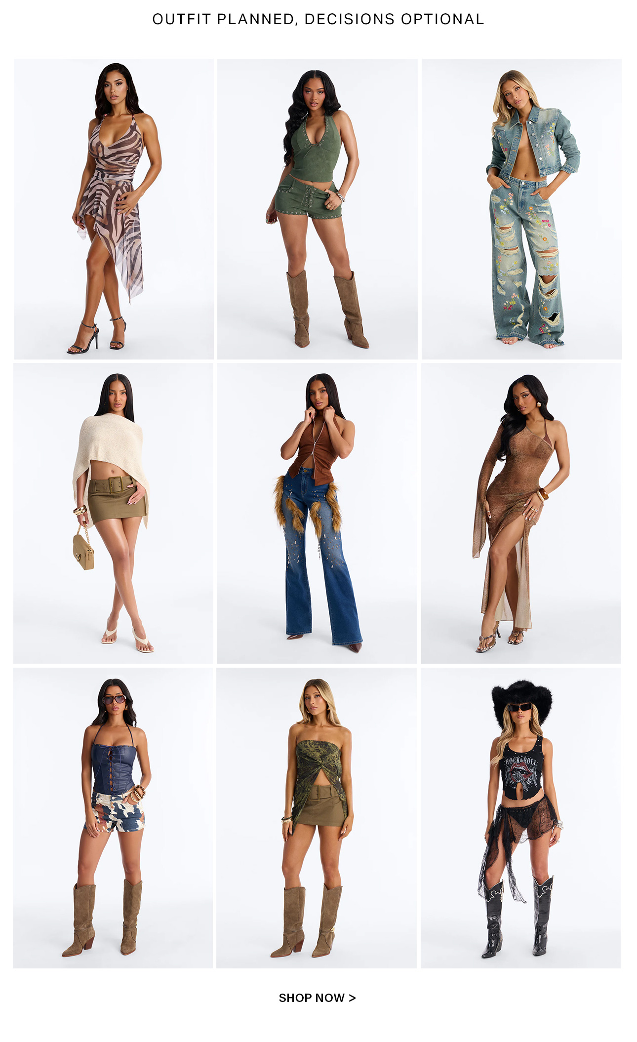 Nine diverse women's fashion outfits from a new collection, featuring trendy dresses, tops, and bottoms in earth tones, denim, and bold patterns.