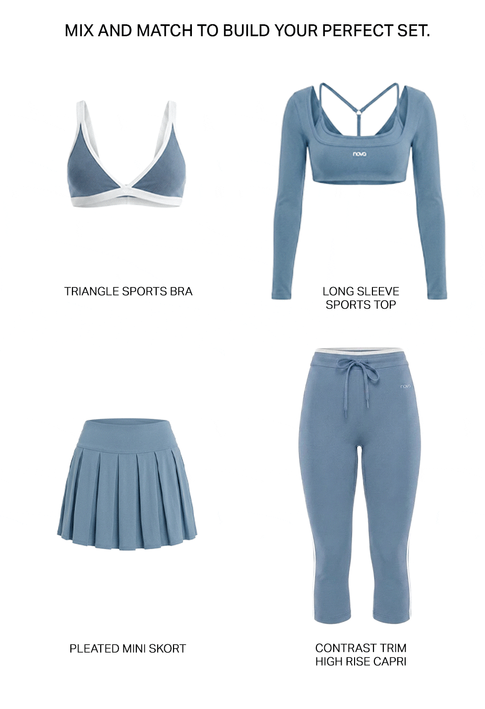 Blue mix and match activewear set options featuring a triangle sports bra, long sleeve top, pleated mini skort, and high rise capri leggings.