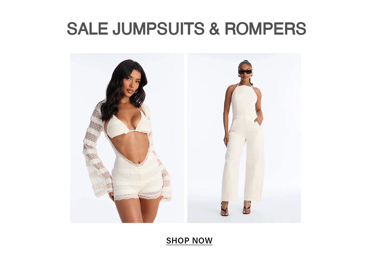 Two models present stylish cream women's sale jumpsuits and rompers. Left: lace romper with shrug; Right: wide-leg halter jumpsuit. Shop now.