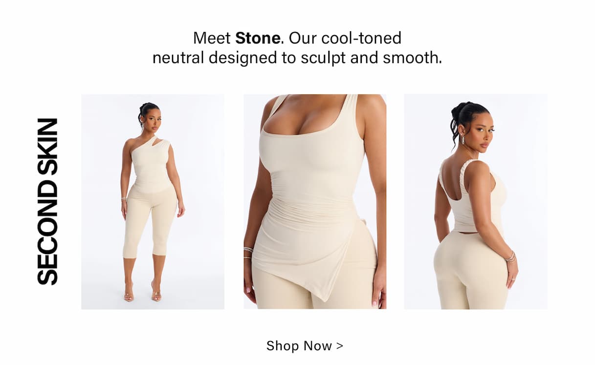 Model in three full-body and close-up views wearing the new Stone cool-toned neutral Second Skin collection, designed to sculpt and smooth.