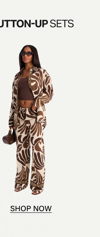 Brown & beige patterned button-up set: stylish shirt and wide-leg pants for women.