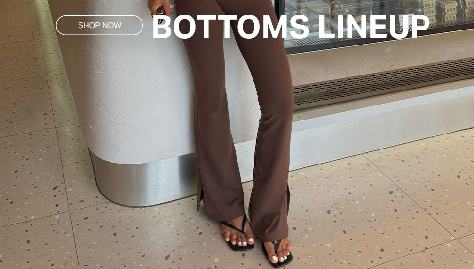 BOTTOMS LINEUP: Shop now for stylish brown flare pants with split hems and other trendy bottoms like skirts & shorts.