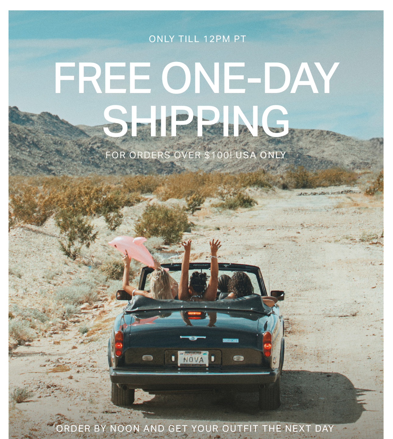 Women in a black convertible with a pink dolphin in a desert landscape. Get free one-day shipping on outfits by ordering before noon.
