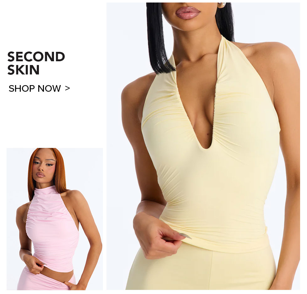 "Second Skin" women's fashion: Pale yellow deep V halter top & pink ruched mock neck top. Form-fitting, trendy apparel. Shop now.