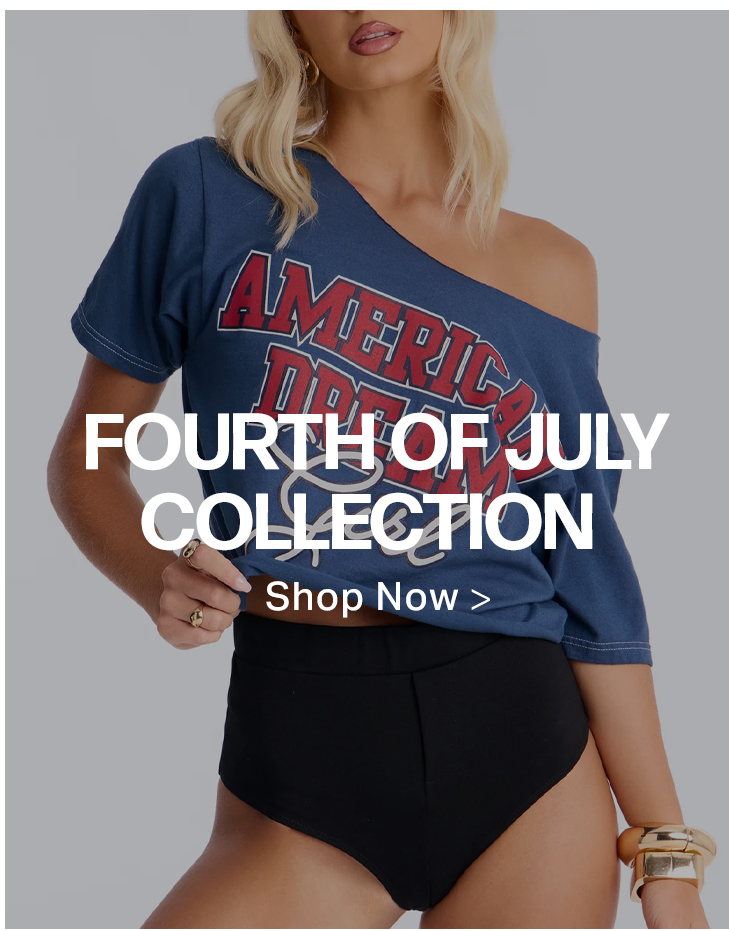 Fourth of July Collection: Woman in patriotic "American Dream" off-shoulder top & black shorts. Shop now.
