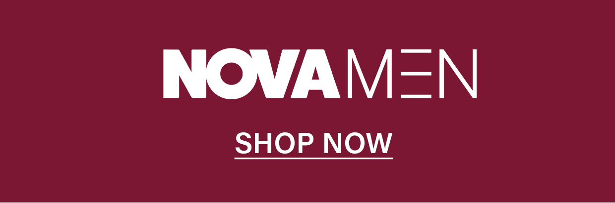 White NovaMen logo with a 'Shop Now' call to action on a maroon background, directing users to shop the latest men's fashion collection.