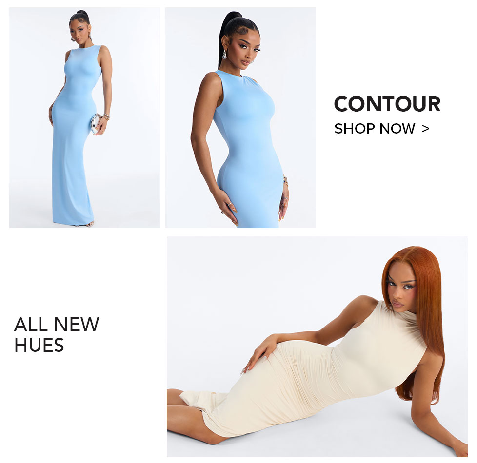 Contour dresses, new hues: Woman in blue maxi dress, woman in cream ruched midi dress. Shop form-fitting fashion now.