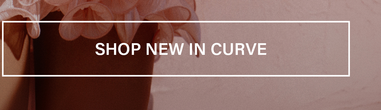Shop New in Curve banner in white text on dusty rose textured background with pink ruffles, promoting the latest arrivals in plus size fashion.