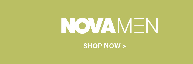 White NOVAMEN logo against an olive green background. The 'SHOP NOW' button prompts users to browse men's fashion and new clothing.