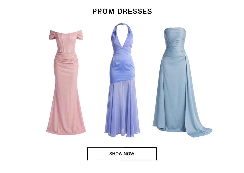 Explore stunning prom dresses: a pink off-shoulder, a purple halter, and a light blue strapless gown, showcasing elegant formal wear styles.