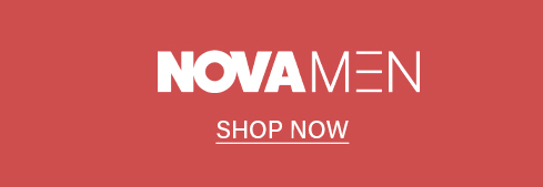 Red banner with "NOVA MEN" in white, bold lettering and an underlined "SHOP NOW" button, inviting users to browse the men's fashion collection.
