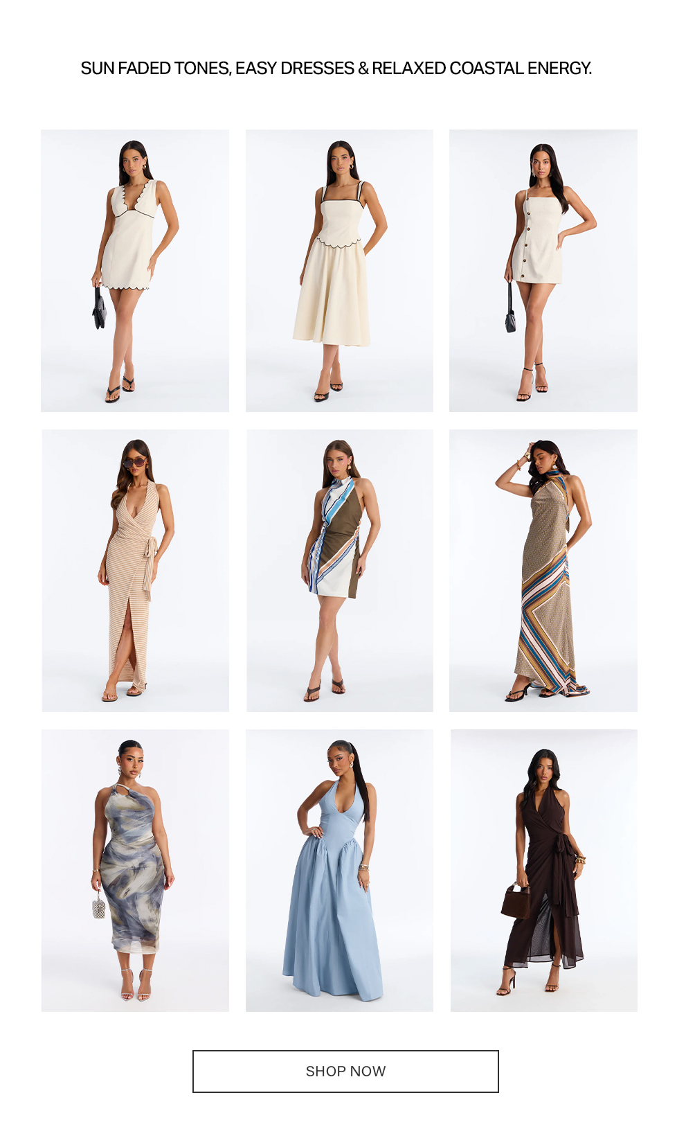 Nine women modeling new collection of easy, sun-faded dresses & relaxed coastal styles. Perfect for summer fashion.