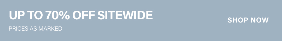 Light blue banner advertising "UP TO 70% OFF SITEWIDE" with "PRICES AS MARKED." Shop now for amazing discounts!