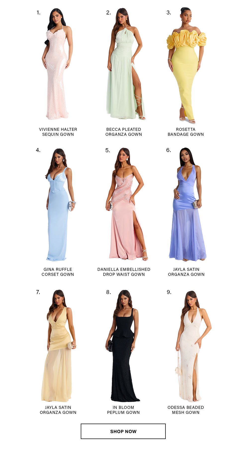 Nine elegant formal gowns displayed in a grid, featuring diverse styles in pink, mint, yellow, blue, black, and white. Shop our new collection of occasion dresses now!