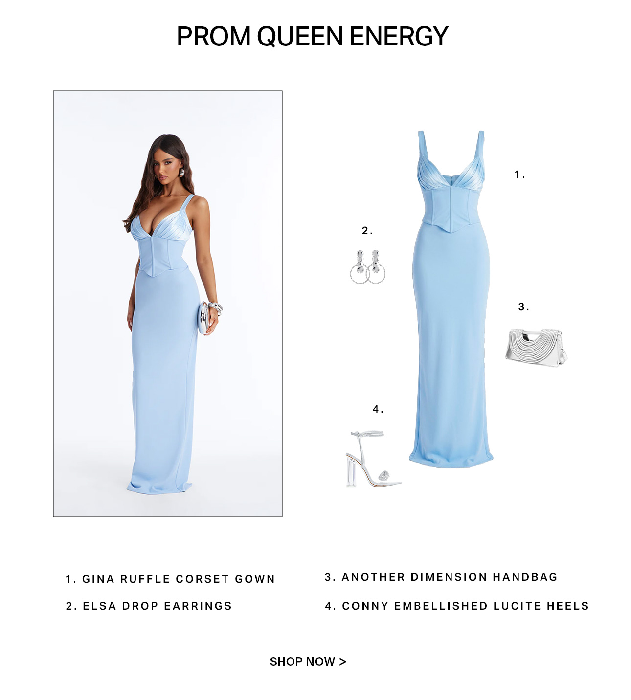 Model in a light blue corset gown with silver clutch & earrings, alongside matching formal accessories. Discover your dream prom dress outfit.