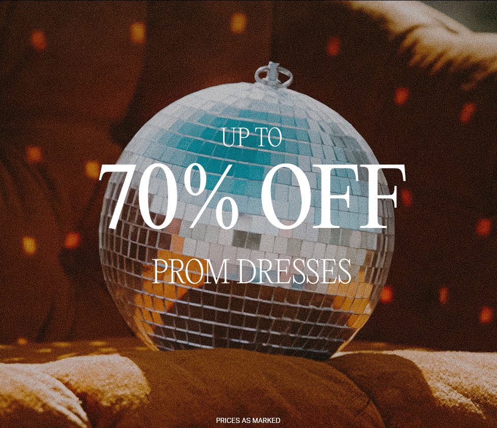 Silver disco ball reflecting blue, featuring "UP TO 70% OFF PROM DRESSES". Announcing a huge prom dresses sale.
