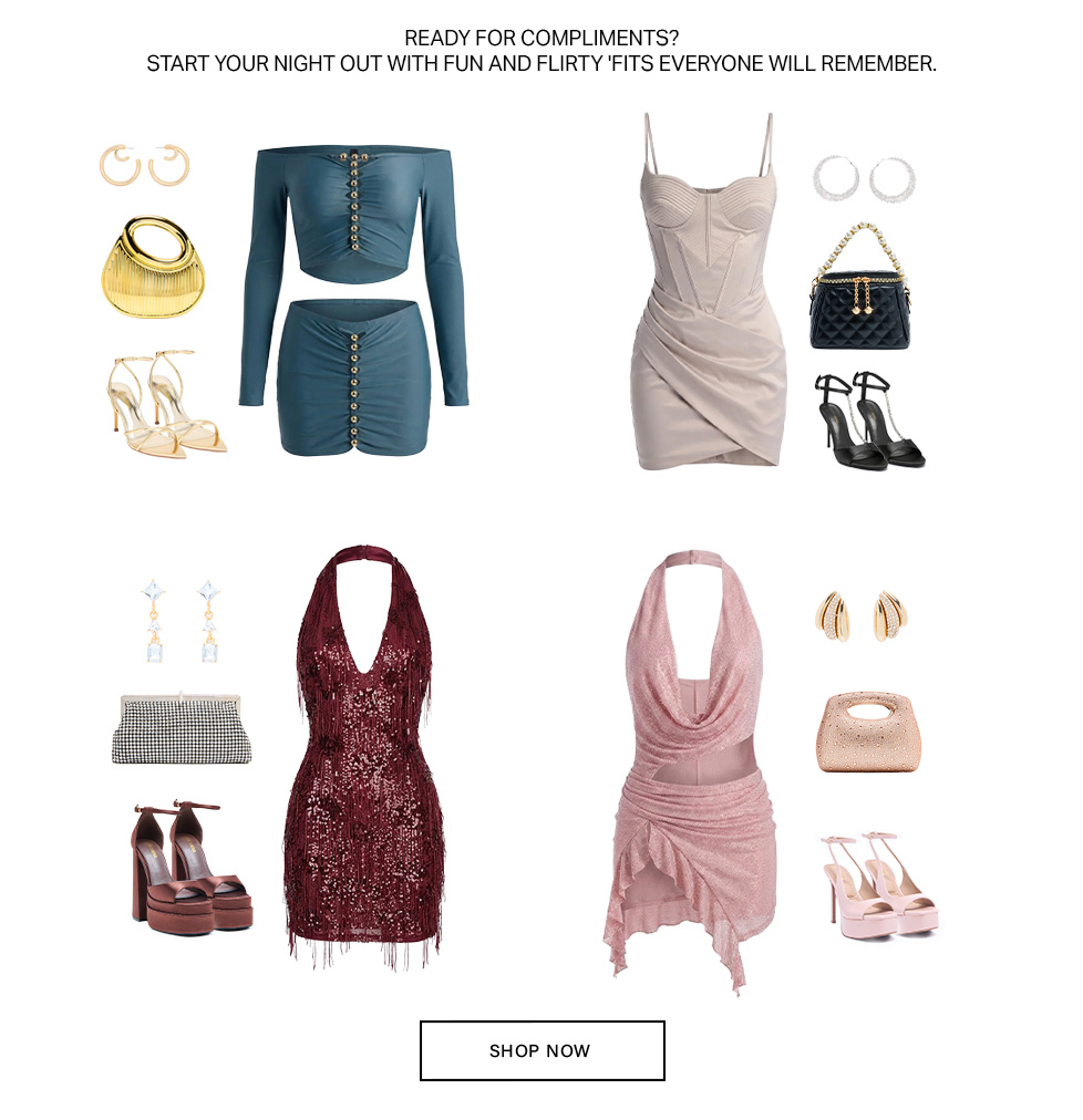 Four night out outfits with blue, pink, beige, and red party dresses, heels, and bags. Shop the new collection of trendy womens party wear.