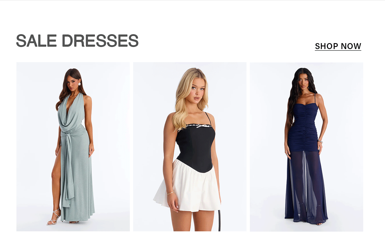 Three sale dresses for women: a light blue cowl neck maxi, a chic black and white mini, and a navy ruched full-length gown. Shop now for discounts.
