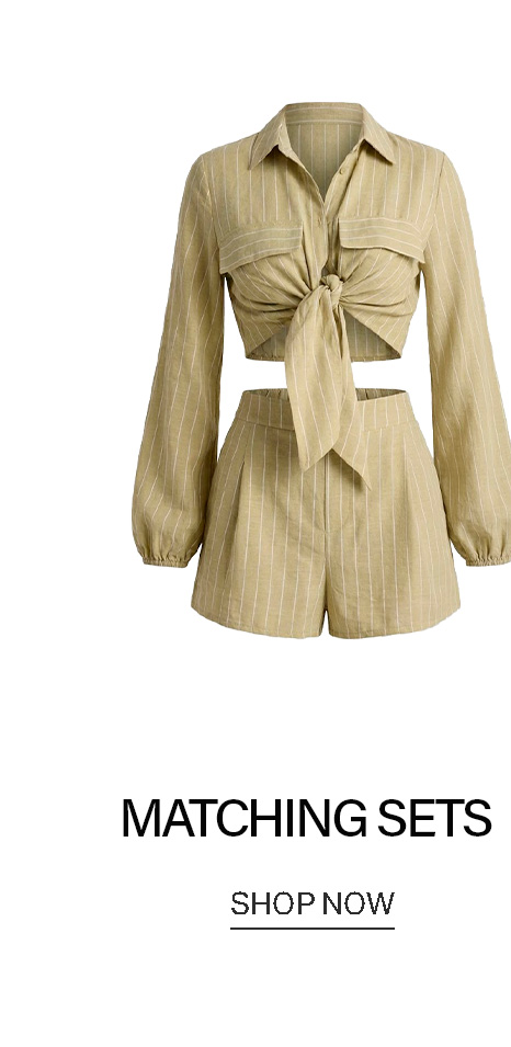 Khaki pinstripe matching shorts set: cropped long-sleeve shirt, tied front, chest pockets, with high-waisted pleated shorts. Discover new two-piece fashion.