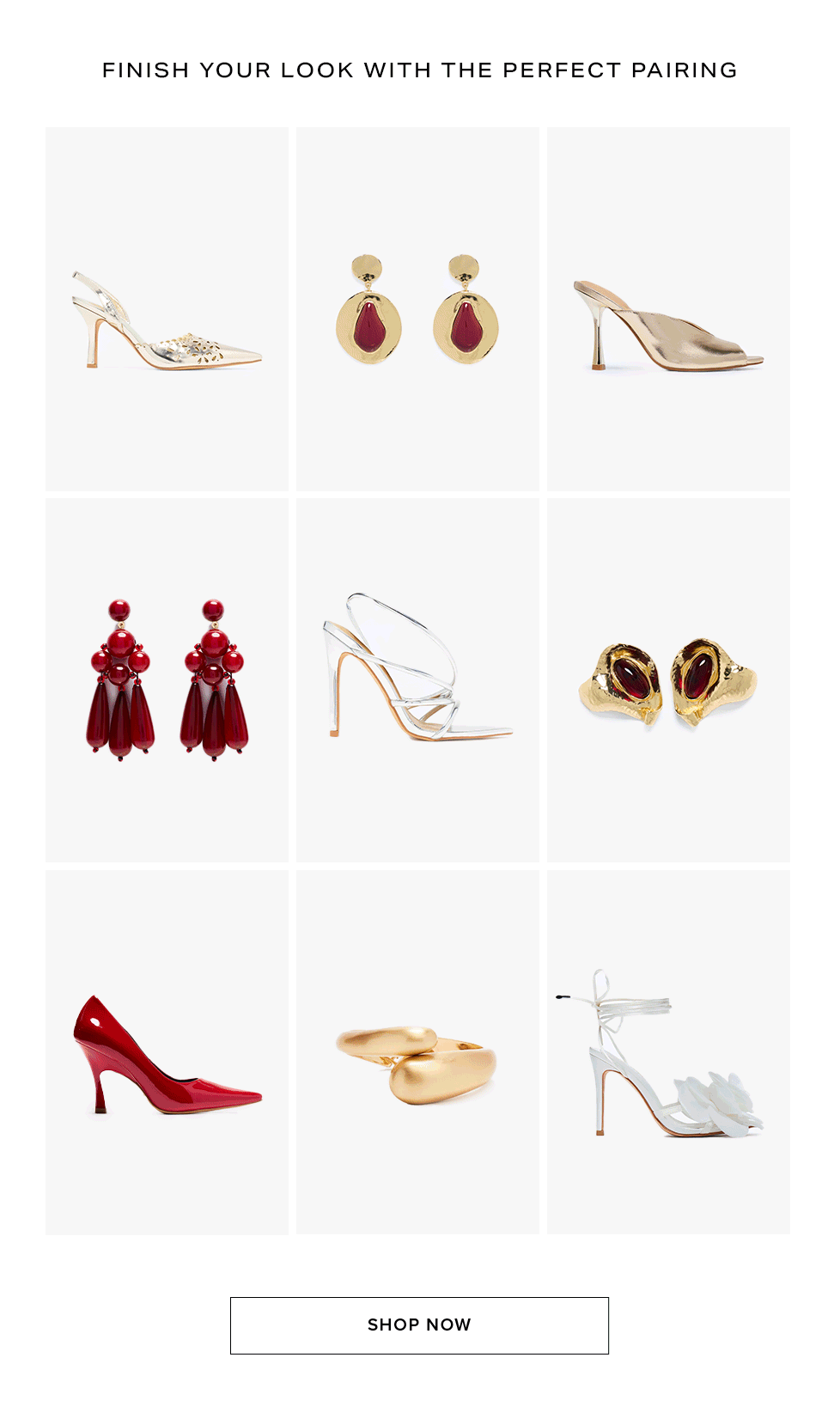 Shop pairing ideas featuring a curated collection of gold, silver, and red designer heels with matching statement jewelry to finish your look.