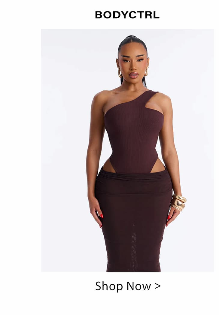 Dark brown one-shoulder cutout bodysuit and sheer maxi skirt styled with gold bangles, showcasing trendy new womenswear.