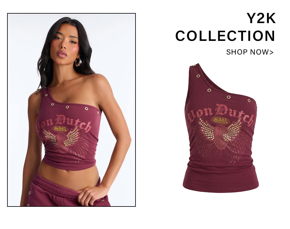 Y2K Von Dutch maroon one-shoulder crop top with rhinestone wings. Women's retro fashion apparel.