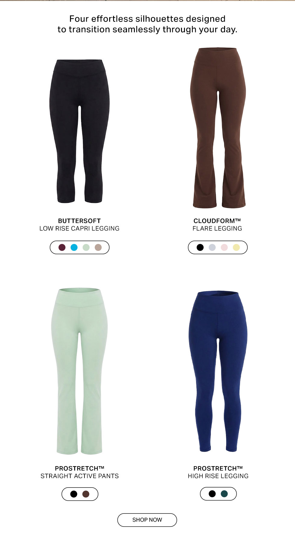 Four women's activewear leggings & pants collection: capri, flare, straight leg, high-rise styles for comfort & seamless day-to-night wear.