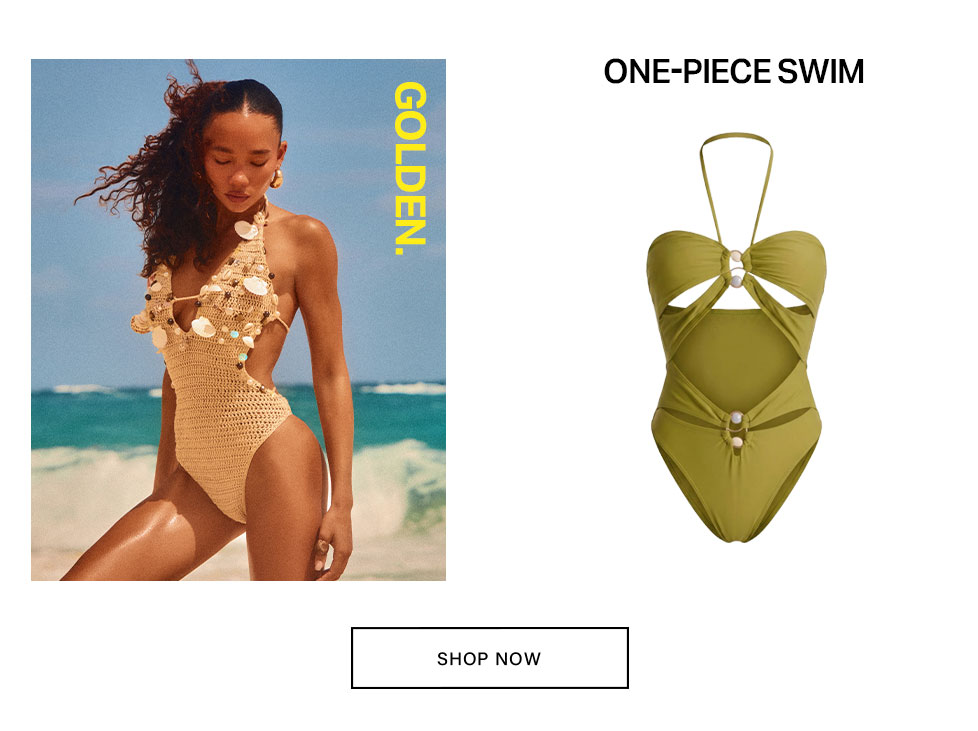 Woman models tan crochet swimsuit on beach; olive green cutout one-piece. Shop new Golden collection for stylish swimwear.