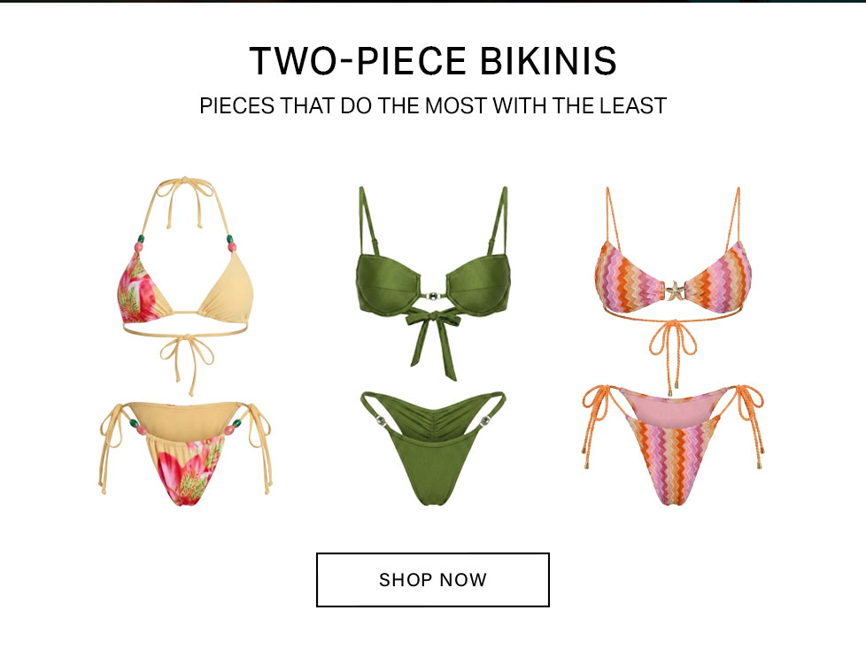 Two-piece bikinis: floral print, olive green, and chevron knit styles. Shop the latest swimwear collection now!