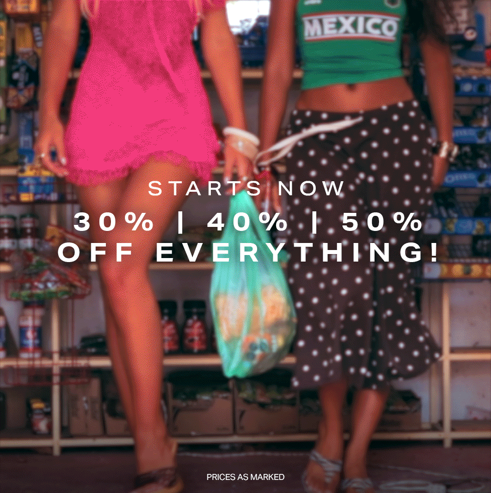 Women in vibrant fashion, one in a pink dress, one in a polka dot skirt holding a green bag. Announcing a sale: 30-50% off everything!