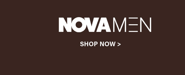 White text "NOVAMEN" above "SHOP NOW >" on a dark brown background. Discover the latest men's fashion and clothing online.