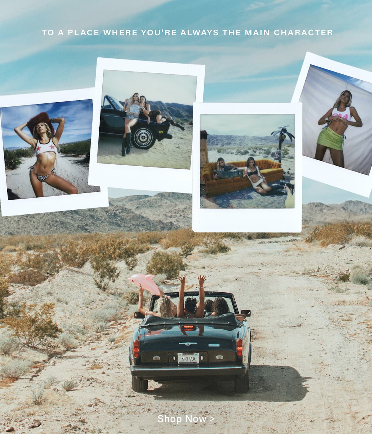 Women in a black convertible on a desert road, surrounded by polaroids showing stylish fashion, swimwear, and vacation outfits. Shop new collection.