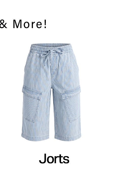 Light blue pinstripe cargo jorts with drawstring waist.
