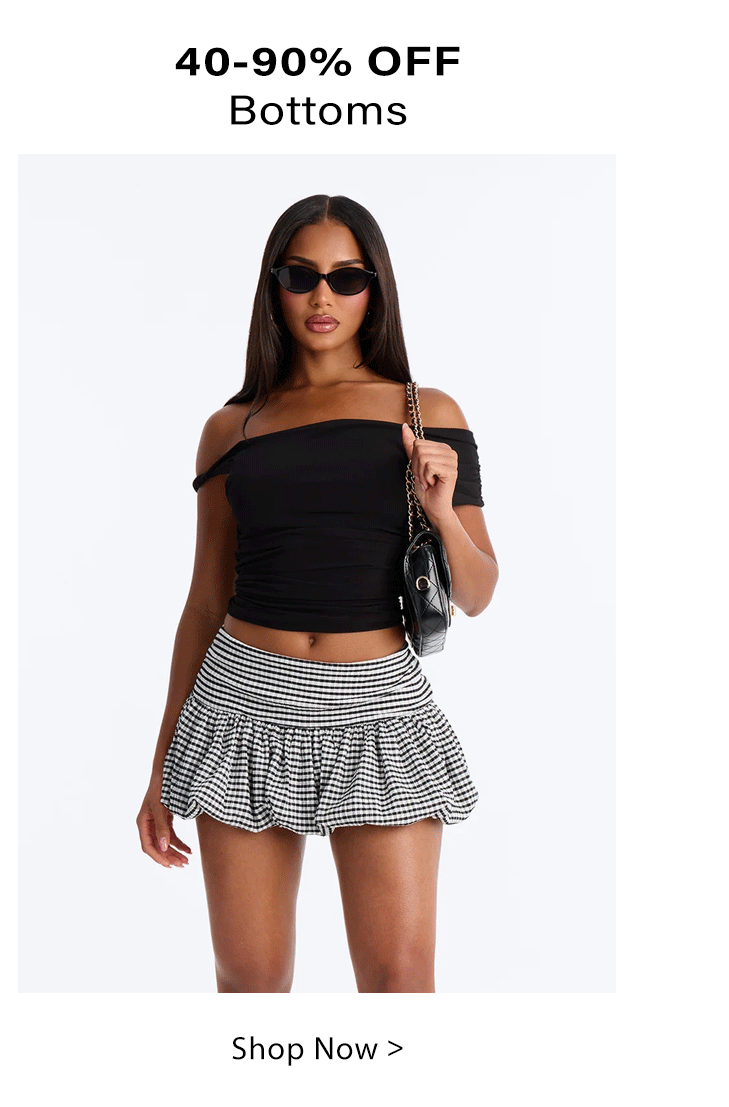 Model in black off-shoulder top and a black & white gingham ruffled mini skirt. Shop 40-90% OFF women's bottoms now!