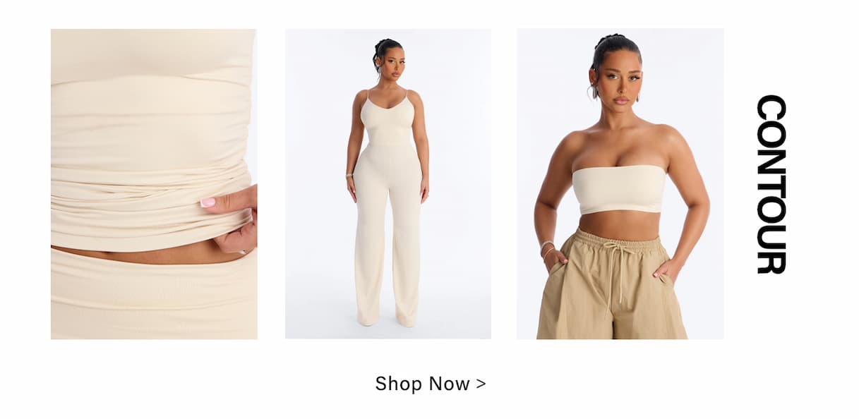 Shop new Contour collection: stretchy creme loungewear sets, close-up fabric detail, and a creme bandeau with beige shorts for versatile style.