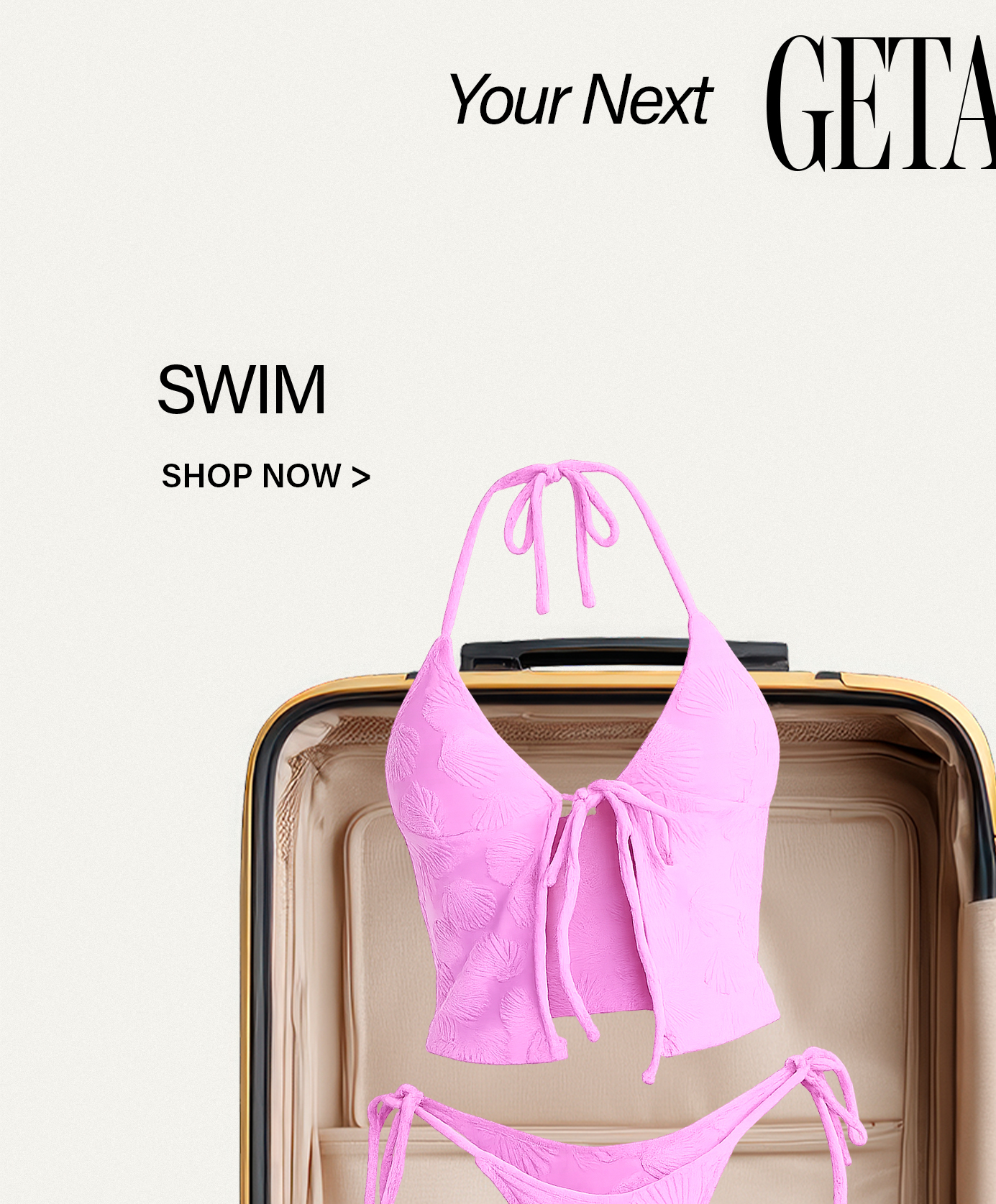 Bright pink textured halter swimsuit and bikini bottom in an open gold suitcase. Perfect new swim collection for your next getaway!