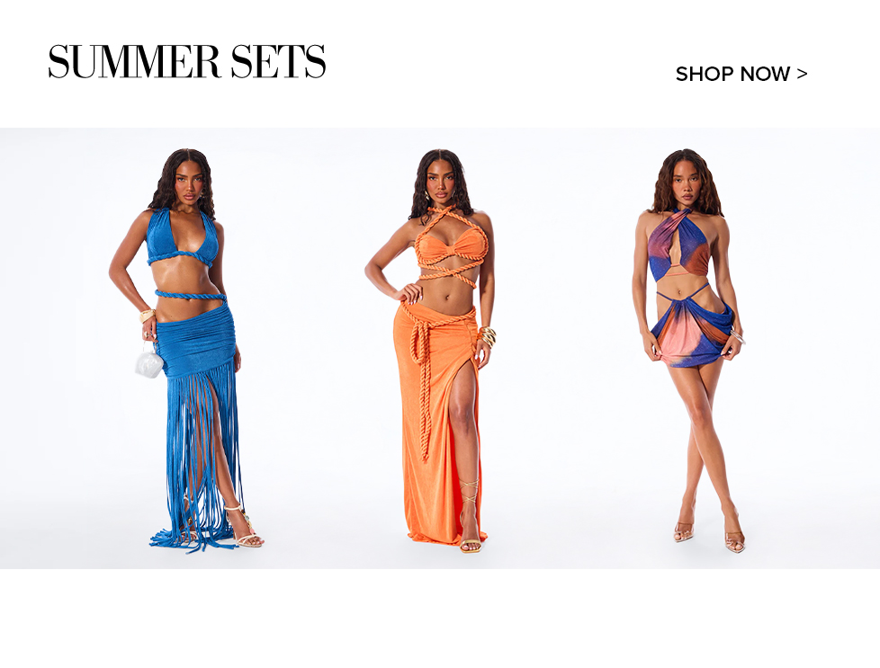 Three models presenting vibrant summer sets: blue fringe skirt, orange rope outfit, and a multi-color draped mini-skirt set. Shop the collection now!