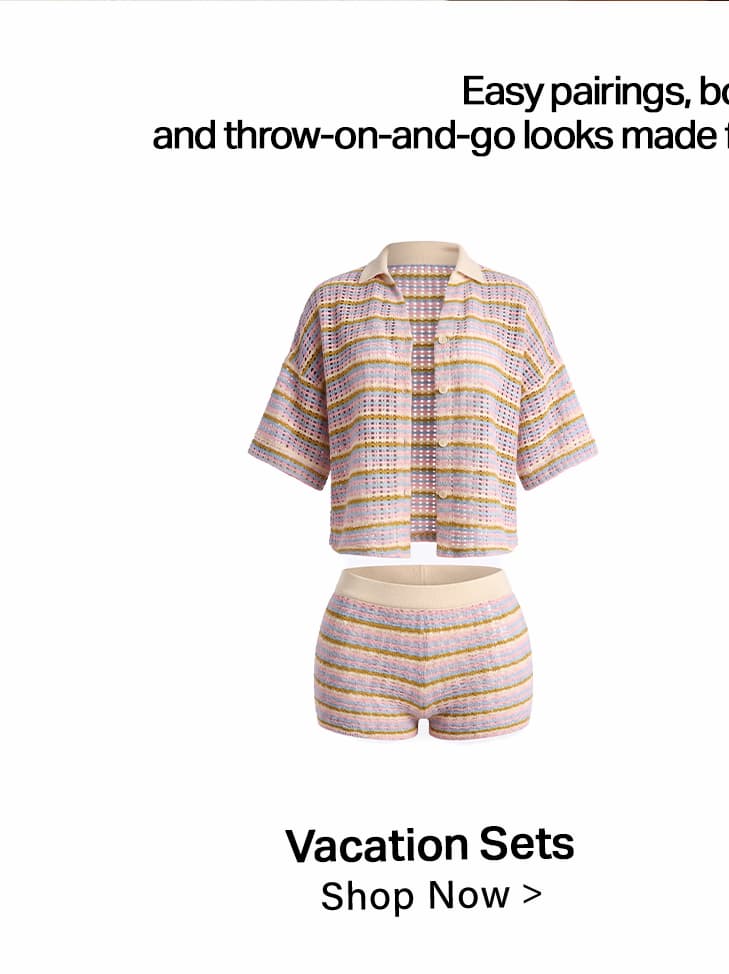 Women's lavender striped knit vacation set. Matching short sleeve top & shorts. Summer resort wear.