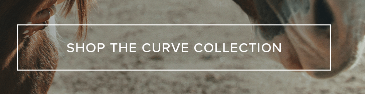 Warm brown and tan horses fill the frame. White text overlay: "Shop the Curve Collection." Discover the latest items in this new collection.