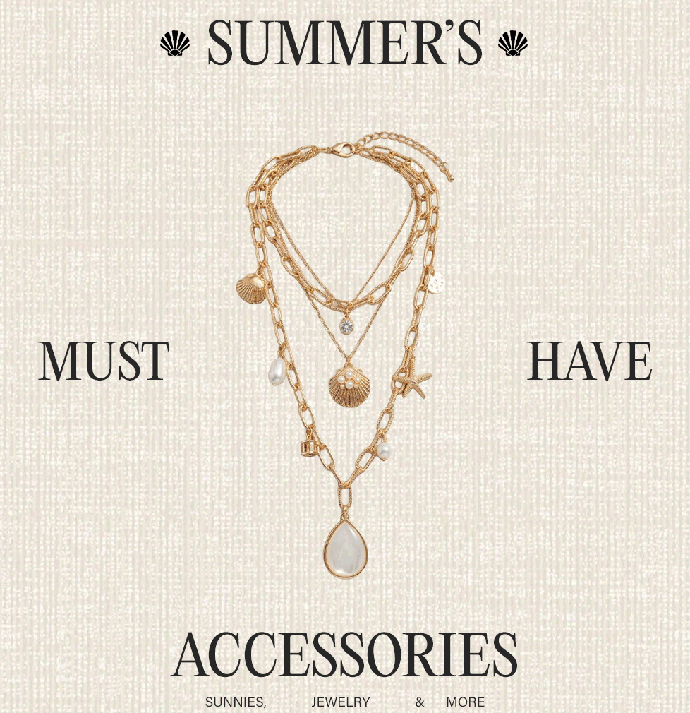 Summer's Must-Have: Gold layered necklace with seashell, pearl, starfish charms & mother-of-pearl pendant. Trendy beach jewelry accessories.