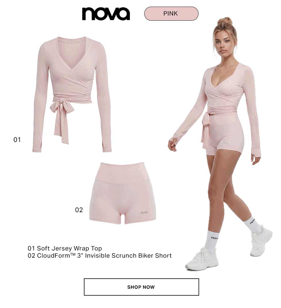 Woman models Nova's light pink Soft Jersey Wrap Top and CloudForm™ 3" Invisible Scrunch Biker Short set. Shop new activewear.