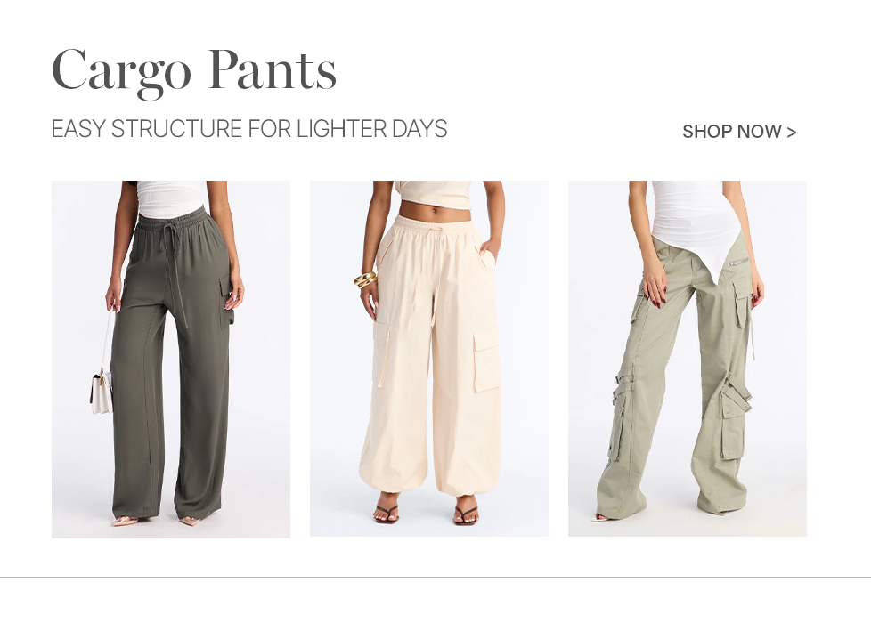 Easy structure cargo pants for lighter days: olive green wide-leg, cream baggy, and sage multi-pocket styles. Shop new arrivals now.