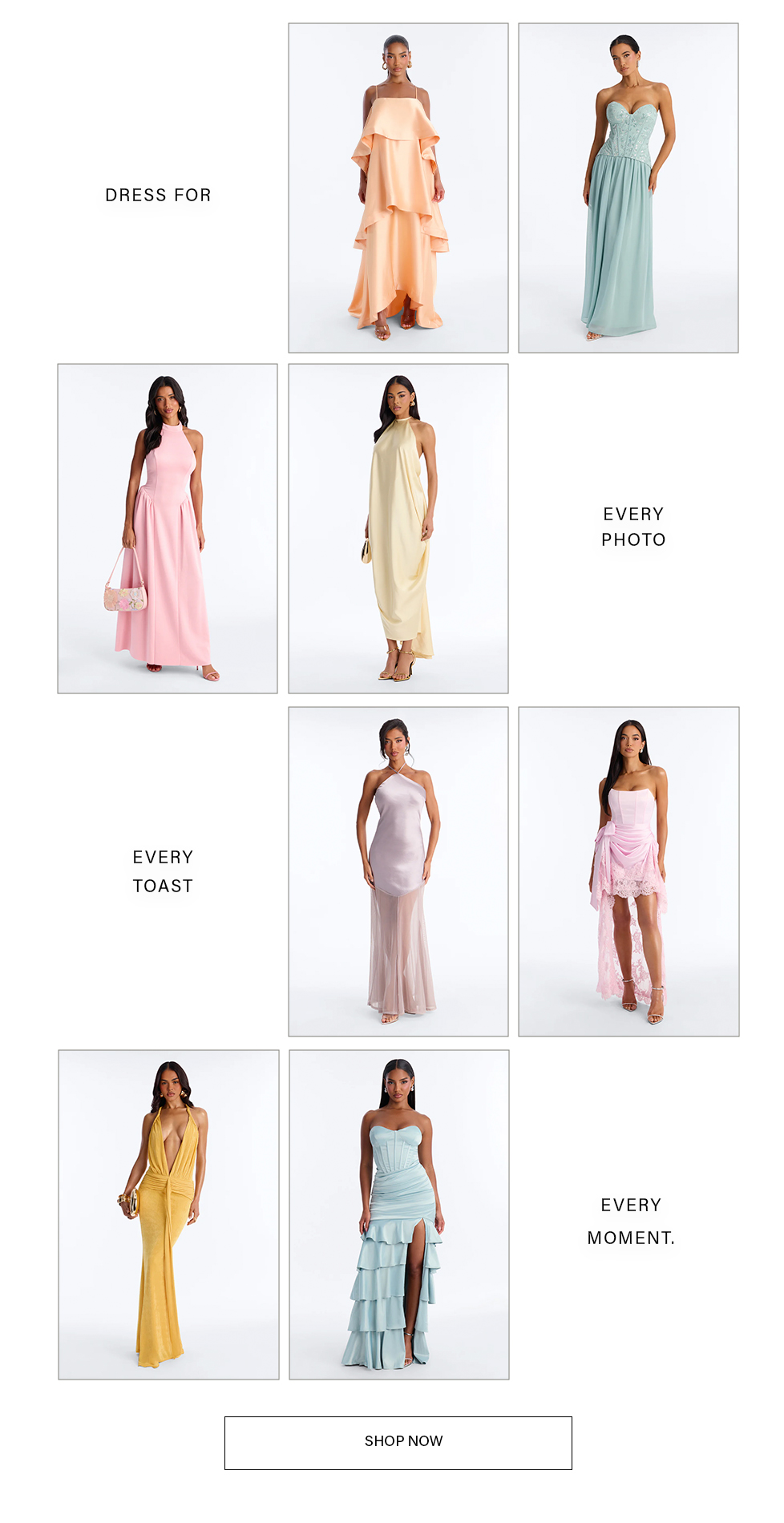 Elegant dresses for special occasions: models wear formal gowns in peach, mint, pink, yellow, lavender, and light blue. Shop our versatile new collection now.