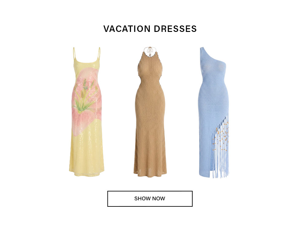 Three stylish vacation dresses: yellow floral sequin, tan knit halter, and light blue one-shoulder with fringe. Discover your perfect resort wear.