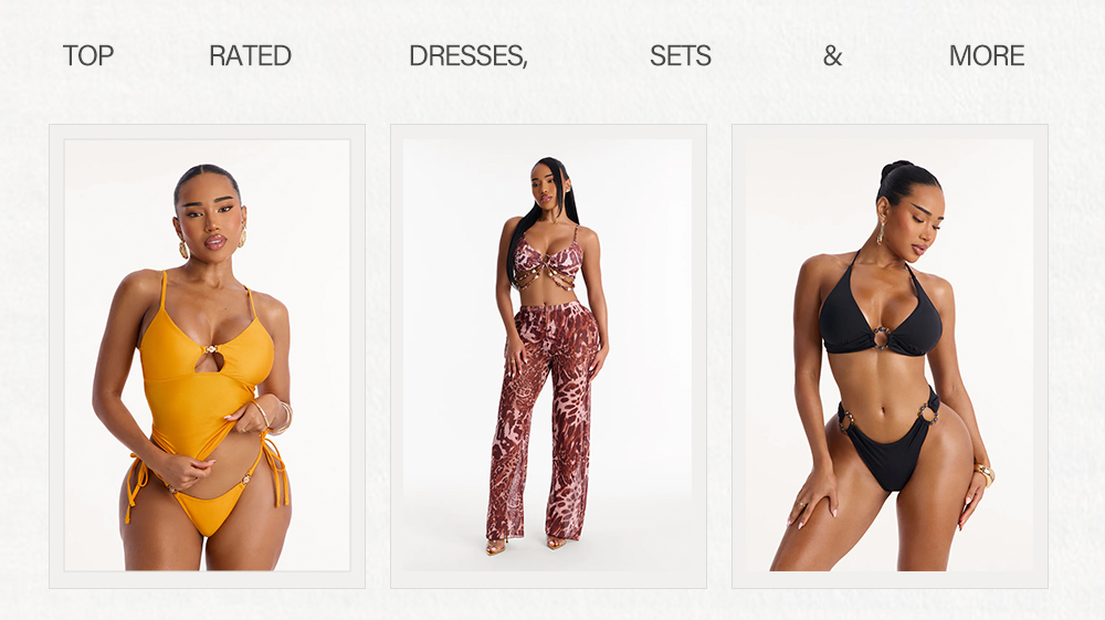 Three models showcase top-rated women's fashion: a yellow cutout swimsuit, a brown animal print two-piece set, and a black O-ring bikini.