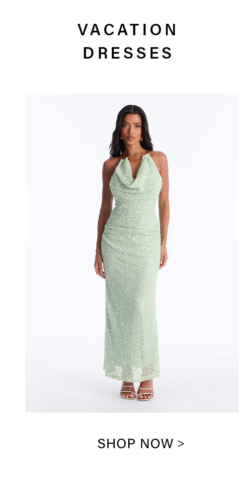 Elegant woman wears a sparkling mint green sequin cowl neck maxi dress, ideal for vacation. Shop our stunning collection of vacation dresses now.