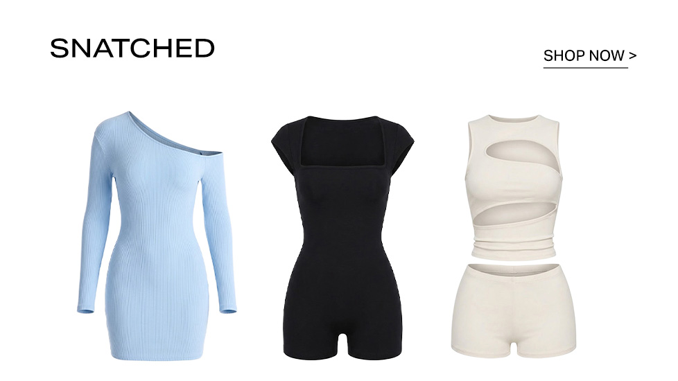 Shop the Snatched collection: a blue one-shoulder ribbed dress, a black square-neck bodysuit romper, and a beige cutout crop top and shorts set.