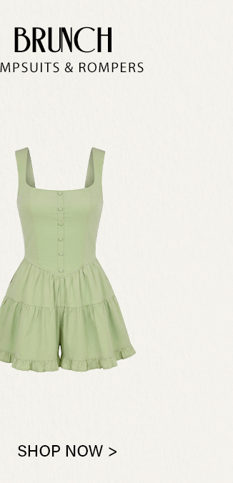 Stylish pistachio green romper with a square neck, button-front, and tiered ruffled shorts. Shop our new brunch jumpsuits and rompers.