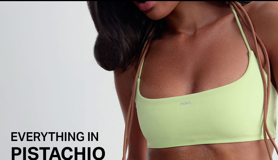 Nova women's pistachio sports bra. Stylish light green activewear top for fitness. Discover the new 'Everything in Pistachio' collection.